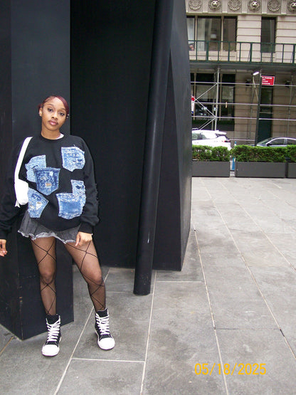 Black Distressed Pockets Crewneck