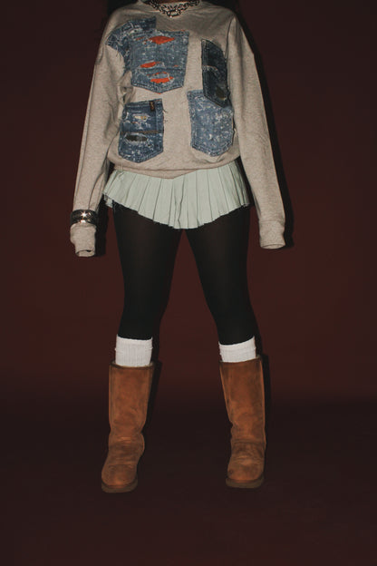 Black Distressed Pockets Crewneck