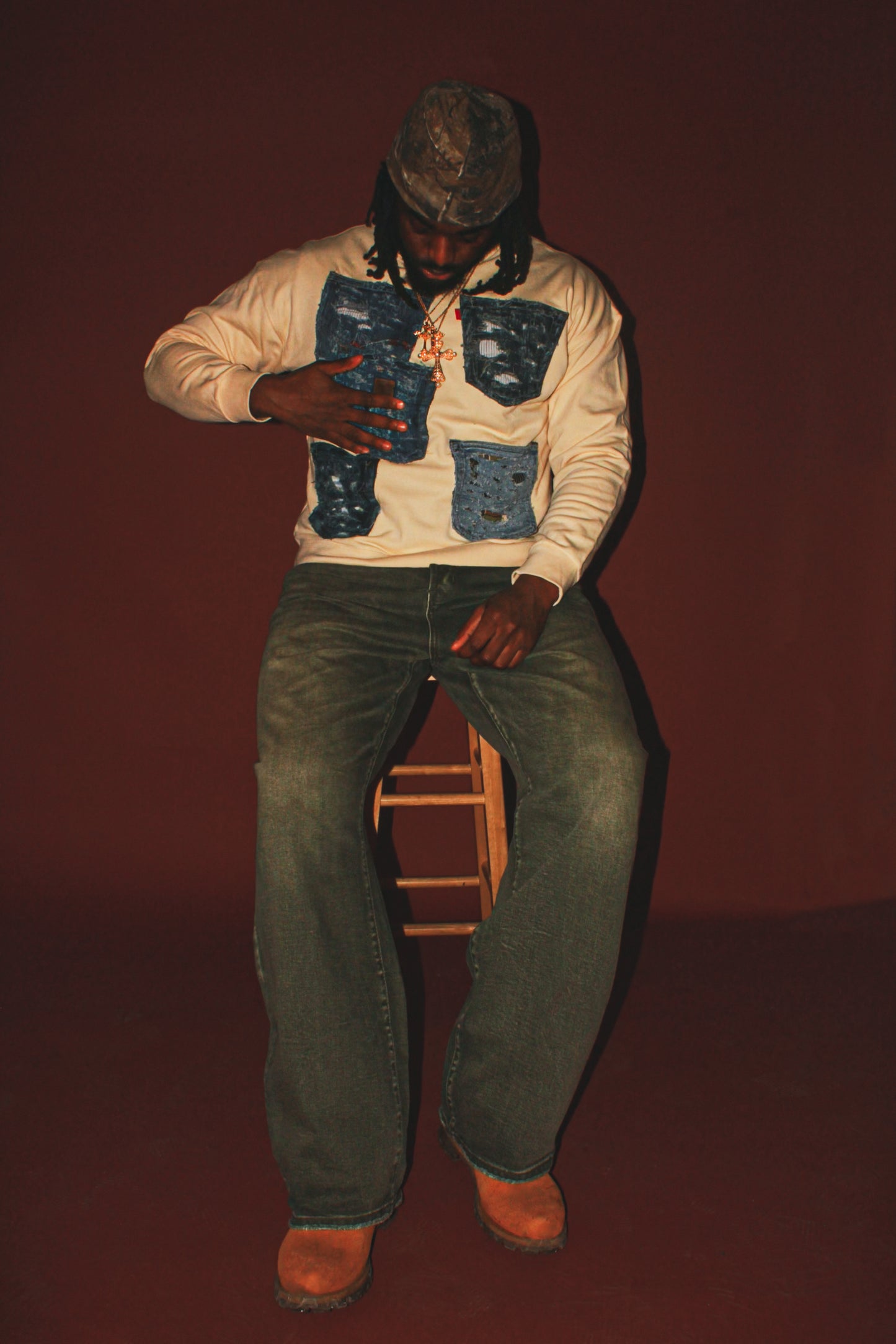 Cream Distressed Pocket Crewneck