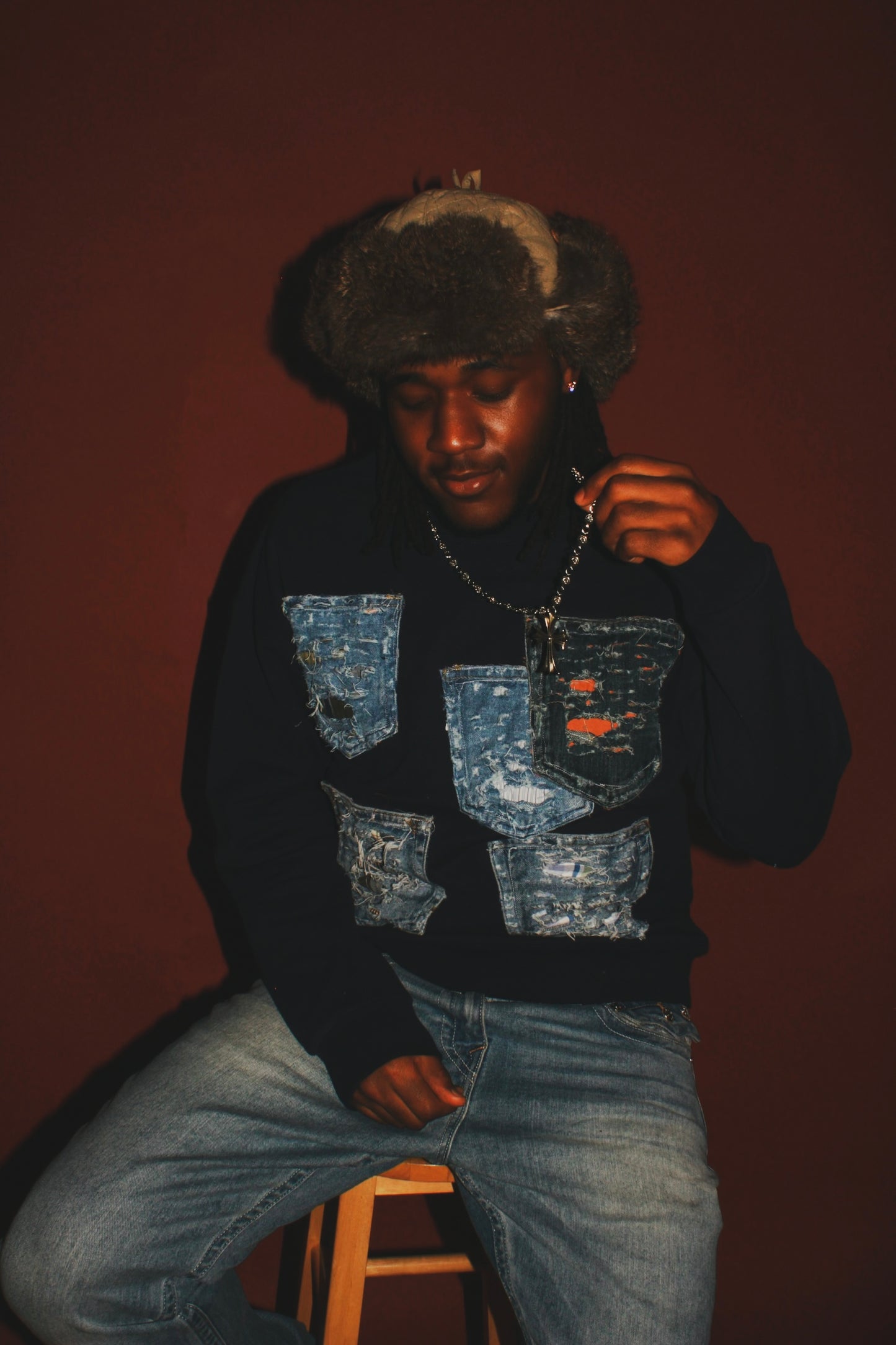Navy Blue Distressed Pocket Crewneck