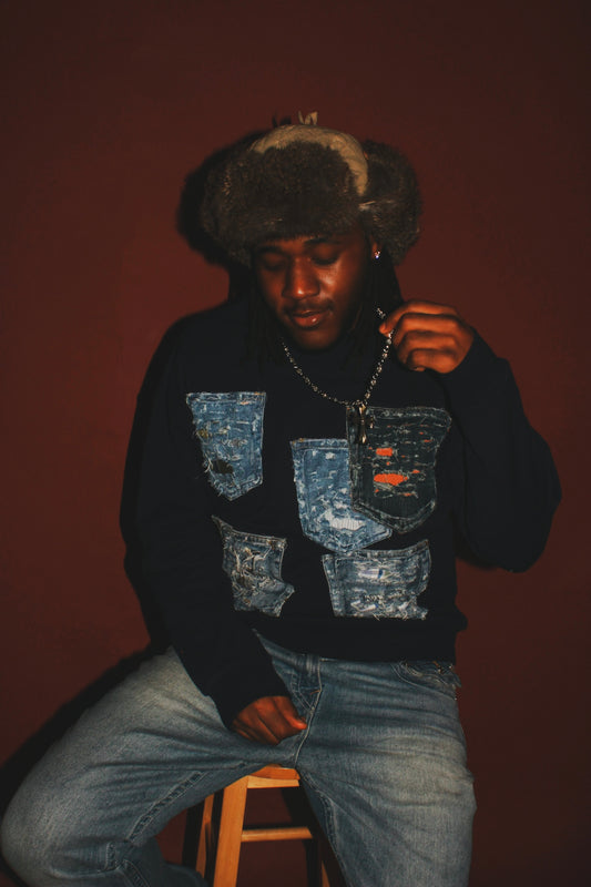 Navy Blue Distressed Pocket Crewneck