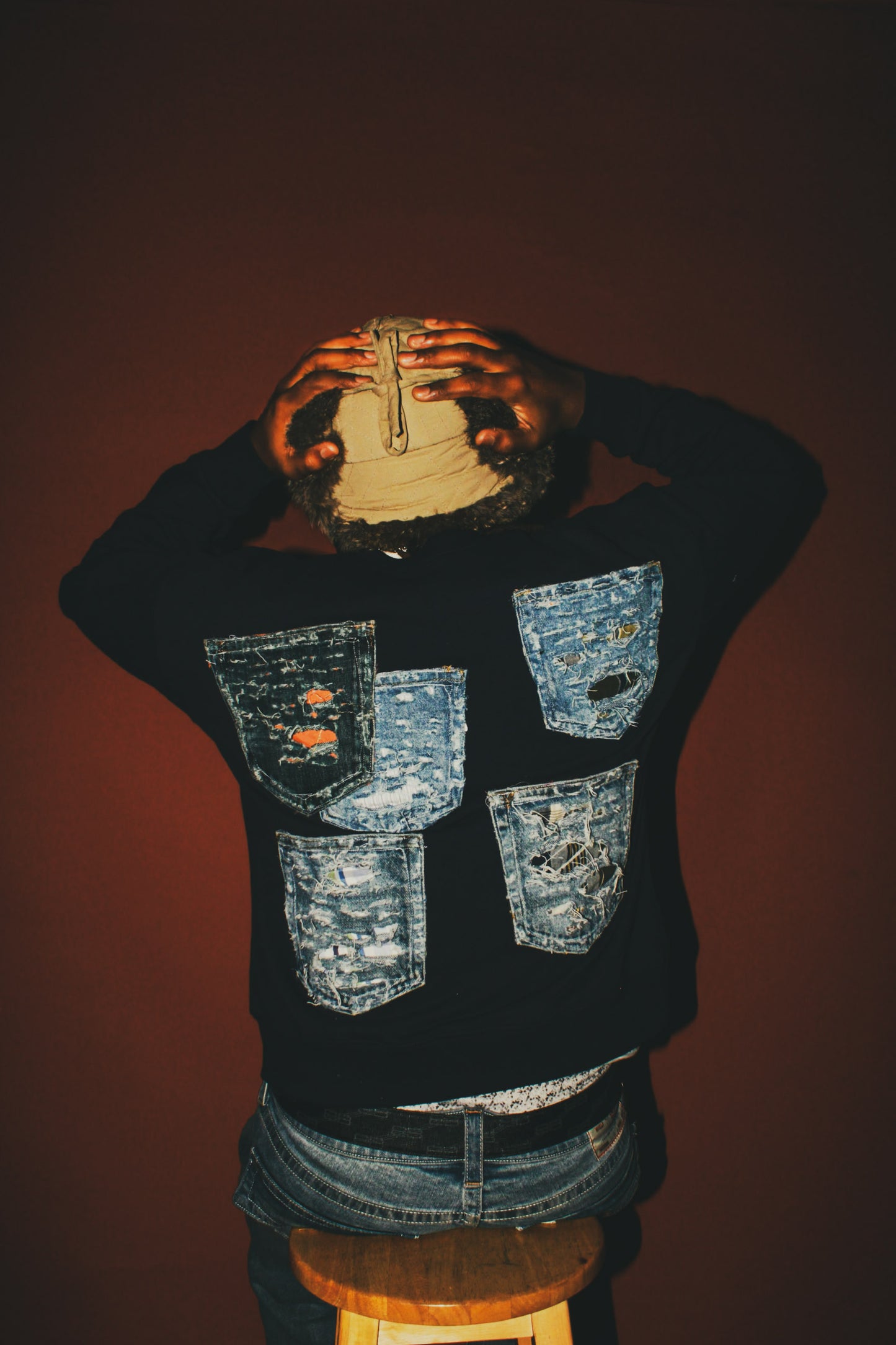 Navy Blue Distressed Pocket Crewneck