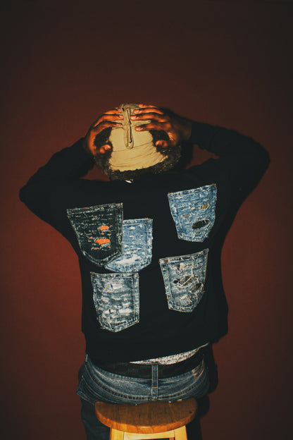 Navy Blue Distressed Pocket Crewneck